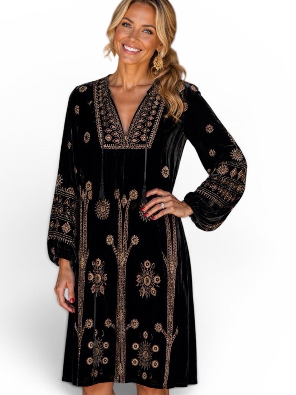 Johnny Was Heidi Velvet Yoke Dress Embroidered Beaded Tassel NWT